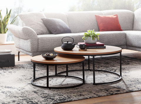 Rootz Coffee Tables - Wood-Metal Round Coffee Tables - Modern Oak Design - 2-Part Side Table - Set of 2 Living Room Nesting Tables