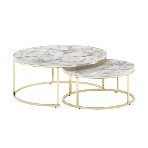 Rootz Coffee Tables - White Gold Marble Look - Set of 2 Round Modern Coffee Tables - 2-Part Metal - Design Nesting Tables
