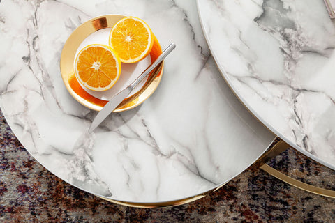 Rootz Coffee Tables - White Gold Marble Look - Set of 2 Round Modern Coffee Tables - 2-Part Metal - Design Nesting Tables