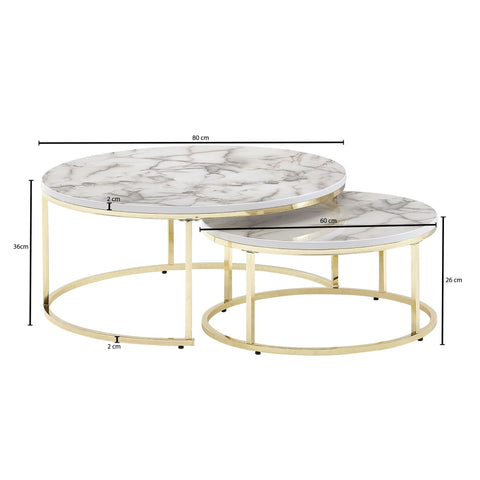 Rootz Coffee Tables - White Gold Marble Look - Set of 2 Round Modern Coffee Tables - 2-Part Metal - Design Nesting Tables