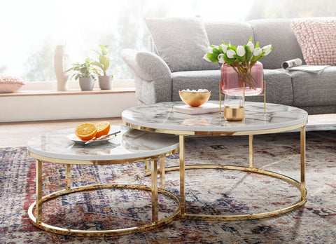Rootz Coffee Tables - White Gold Marble Look - Set of 2 Round Modern Coffee Tables - 2-Part Metal - Design Nesting Tables