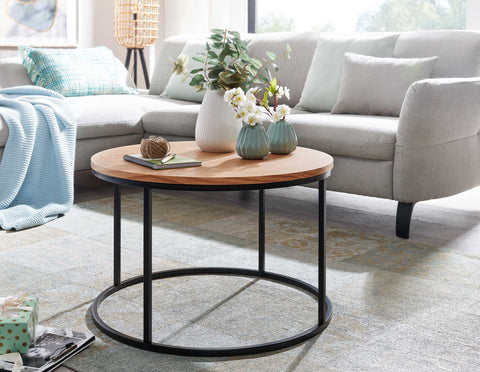 Rootz Coffee Table - Wood and Metal Living Room Table - Oak Design - Modern Round Room Table - Wooden Coffee Table - 70x70x45 cm