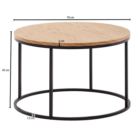 Rootz Coffee Table - Wood and Metal Living Room Table - Oak Design - Modern Round Room Table - Wooden Coffee Table - 70x70x45 cm