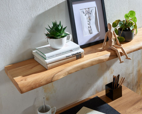Rootz Wall Shelf - Solid Acacia Wood with Tree Edge - Design Floating Shelf - Natural Wood Wall Board - Country Style Hanging Shelf - 100 cm