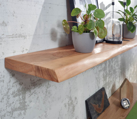 Rootz Wall Shelf - Solid Acacia Wood with Tree Edge - Design Floating Shelf - Natural Wood Wall Board - Country Style Hanging Shelf - 160 cm