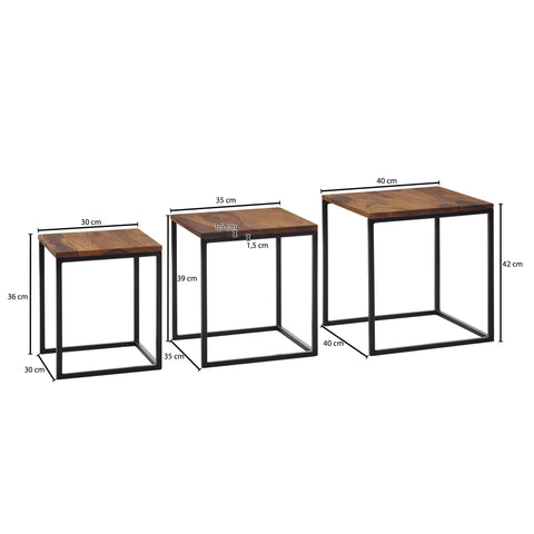 Rootz Nesting Tables - Set of 3 Square Modern Side Table - Design Coffee Table - Space-Saving Living Room Tables - Sheesham Wood and Metal