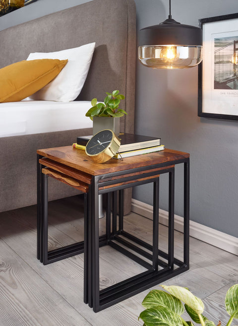Rootz Nesting Tables - Set of 3 Square Modern Side Table - Design Coffee Table - Space-Saving Living Room Tables - Sheesham Wood and Metal