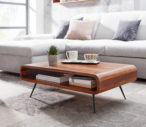 Rootz Coffee Table - Metal Corner Coffee Table - Living Room Table with Storage - Solid Rectangular Coffee Table - Small Modern Side Table - Sheesham Solid Wood - 90x55x30 cm