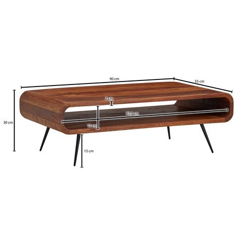 Rootz Coffee Table - Metal Corner Coffee Table - Living Room Table with Storage - Solid Rectangular Coffee Table - Small Modern Side Table - Sheesham Solid Wood - 90x55x30 cm