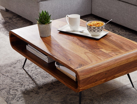 Rootz Coffee Table - Metal Corner Coffee Table - Living Room Table with Storage - Solid Rectangular Coffee Table - Small Modern Side Table - Sheesham Solid Wood - 90x55x30 cm