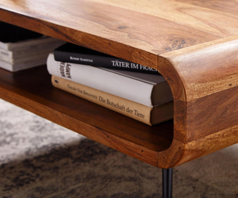 Rootz Coffee Table - Metal Corner Coffee Table - Living Room Table with Storage - Solid Rectangular Coffee Table - Small Modern Side Table - Sheesham Solid Wood - 90x55x30 cm