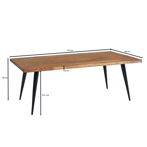 Rootz Coffee Table - Sheesham Wood with Tree Edge - Angular Metal Frame - Large Modern Living Room Table - 110x60x40 cm