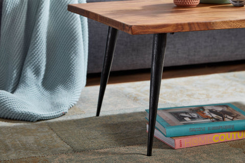 Rootz Coffee Table - Sheesham Wood with Tree Edge - Angular Metal Frame - Large Modern Living Room Table - 110x60x40 cm