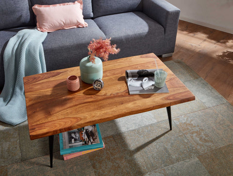 Rootz Coffee Table - Sheesham Wood with Tree Edge - Angular Metal Frame - Large Modern Living Room Table - 110x60x40 cm