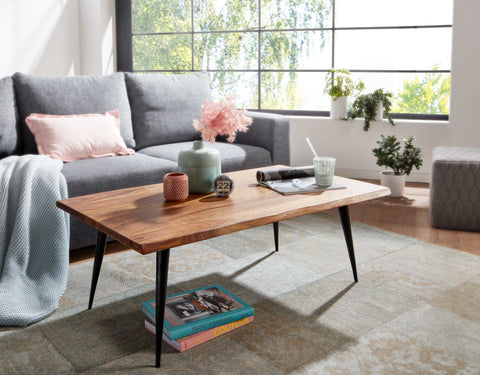 Rootz Coffee Table - Sheesham Wood with Tree Edge - Angular Metal Frame - Large Modern Living Room Table - 110x60x40 cm