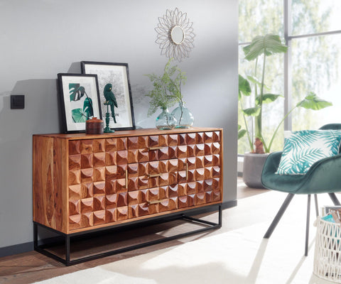 Rootz Sideboard - Metal Sideboard with Two Doors - Industrial Chest of Drawers - Living Room Standing Cabinet - Solid Sheesham Wood - 145x81x45 cm