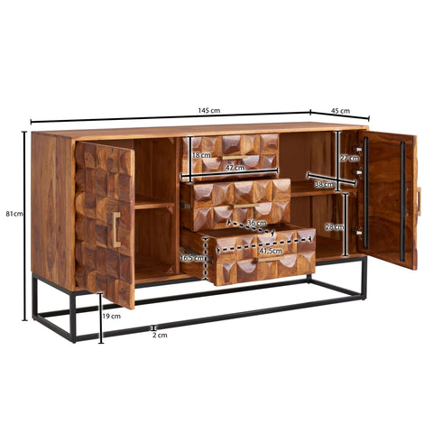 Rootz Sideboard - Metal Sideboard with Two Doors - Industrial Chest of Drawers - Living Room Standing Cabinet - Solid Sheesham Wood - 145x81x45 cm