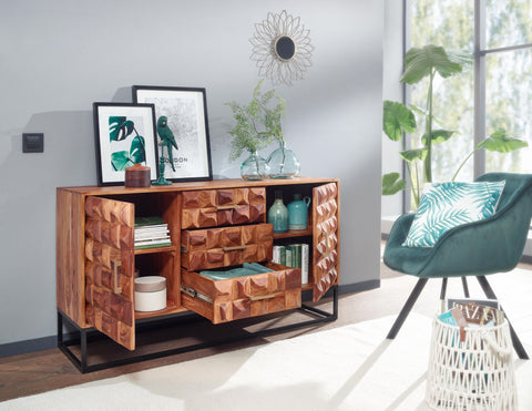 Rootz Sideboard - Metal Sideboard with Two Doors - Industrial Chest of Drawers - Living Room Standing Cabinet - Solid Sheesham Wood - 145x81x45 cm