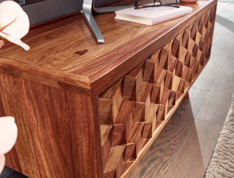 Rootz TV Stand - Lowboard - TV Dresser with Folding Door - Modern TV Cabinet - Living Room TV Stand - Solid Sheesham Wood - 92x44x35 cm