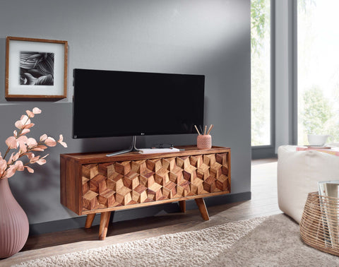 Rootz TV Stand - Lowboard - TV Dresser with Folding Door - Modern TV Cabinet - Living Room TV Stand - Solid Sheesham Wood - 92x44x35 cm
