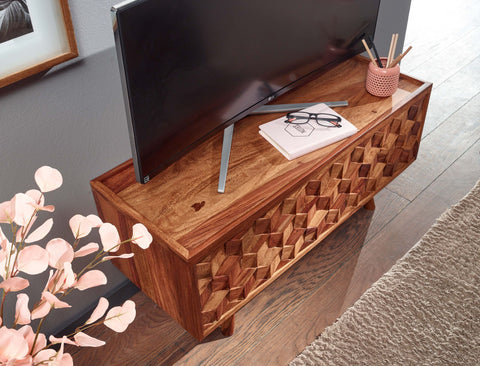 Rootz TV Stand - Lowboard - TV Dresser with Folding Door - Modern TV Cabinet - Living Room TV Stand - Solid Sheesham Wood - 92x44x35 cm
