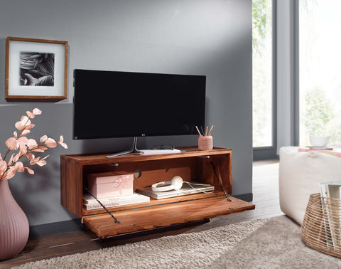 Rootz TV Stand - Lowboard - TV Dresser with Folding Door - Modern TV Cabinet - Living Room TV Stand - Solid Sheesham Wood - 92x44x35 cm