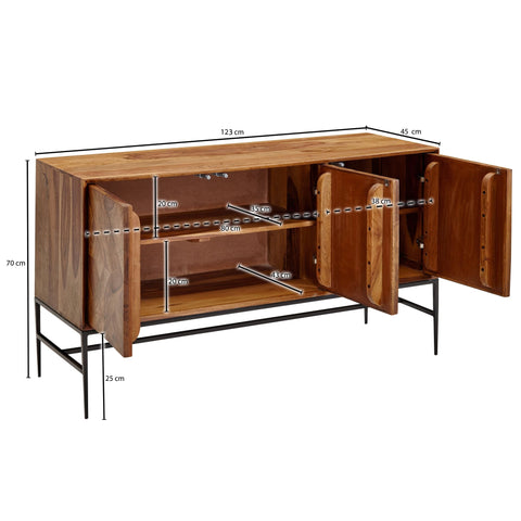 Rootz Sideboard - Industrial Metal Sideboard with Doors - Modern Chest of Drawers - Living Room Cabinet - Solid Sheesham Wood - 123x70x45 cm