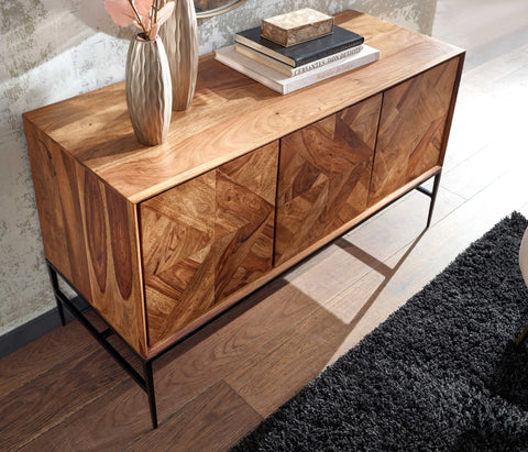 Rootz Sideboard - Industrial Metal Sideboard with Doors - Modern Chest of Drawers - Living Room Cabinet - Solid Sheesham Wood - 123x70x45 cm