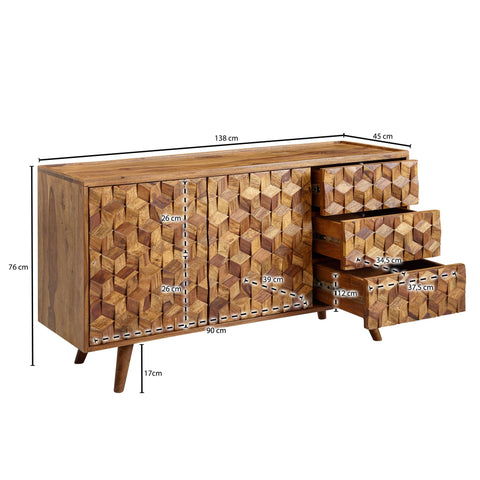 Rootz Sideboard - Modern Dresser Cabinet with Doors and Drawers - Living Room Standing Cabinet - Solid Sheesham Wood - 138x76x45 cm