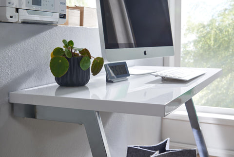 Rootz Computer Desk - Silver PC Table with Metal Legs - Modern Design Computer Desk - Home Office Workstation - High Gloss White Desk - 120x55x76 cm