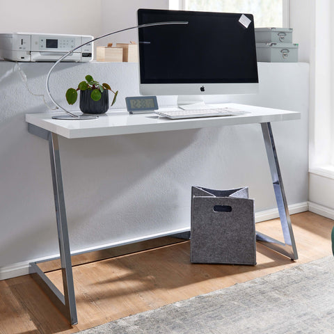 Rootz Computer Desk - Silver PC Table with Metal Legs - Modern Design Computer Desk - Home Office Workstation - High Gloss White Desk - 120x55x76 cm