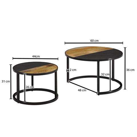 Rootz Coffee Table - Set of 2 Round Stone Coffee Table - Modern Design Side Table - Round Living Room Tables - Wooden Table with Metal Nesting Tables - Solid Mango Wood