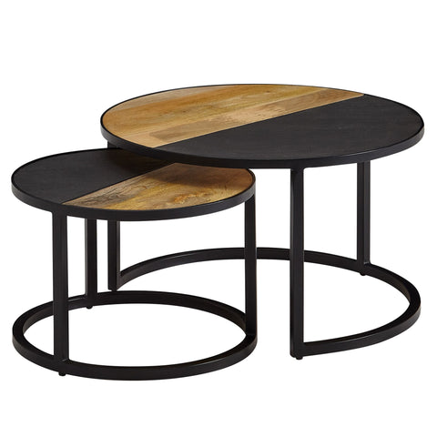 Rootz Coffee Table - Set of 2 Round Stone Coffee Table - Modern Design Side Table - Round Living Room Tables - Wooden Table with Metal Nesting Tables - Solid Mango Wood