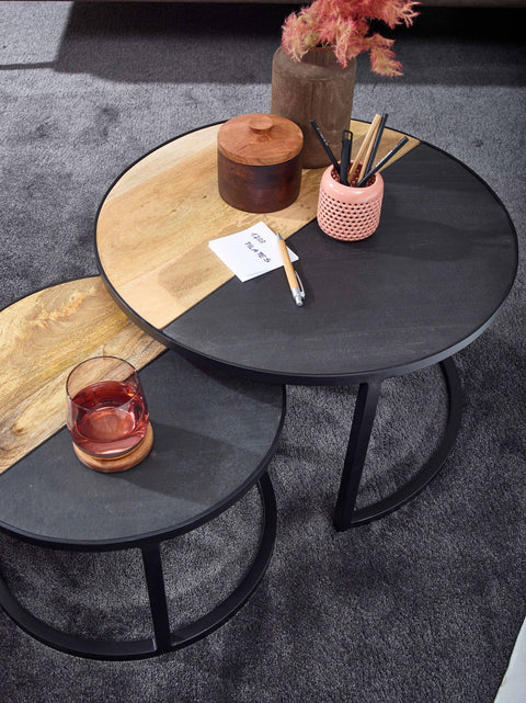 Rootz Coffee Table - Set of 2 Round Stone Coffee Table - Modern Design Side Table - Round Living Room Tables - Wooden Table with Metal Nesting Tables - Solid Mango Wood