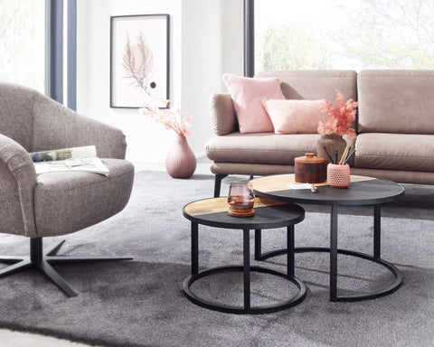 Rootz Coffee Table - Set of 2 Round Stone Coffee Table - Modern Design Side Table - Round Living Room Tables - Wooden Table with Metal Nesting Tables - Solid Mango Wood