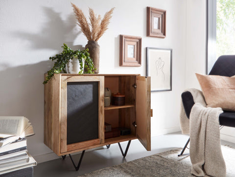 Rootz Sideboard Cabinet - 2 Door Chest of Drawers - Small Solid Wood Chest - Multi-Purpose Standing Cupboard with Metal Frame - Brown Stone - Solid Mango Wood - 80x75x35 cm