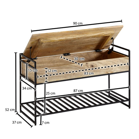 Rootz Storage Bench - Metal Hallway Bench - Small Shoe Bench with Seat - Narrow Entryway Bench with Shoe Rack - Brown - Solid Mango Wood - 90x52x38 cm