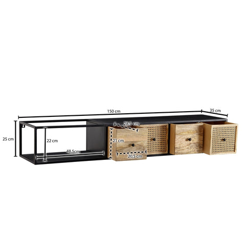 Rootz TV Stand - Hanging Lowboard - Modern Design TV Cabinet - Wall-Mounted TV Unit - Hanging TV Dresser - Black - Mango Solid Wood and Metal - 150x25x35 cm