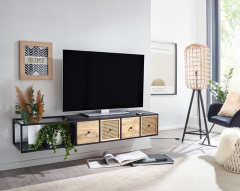 Rootz TV Stand - Hanging Lowboard - Modern Design TV Cabinet - Wall-Mounted TV Unit - Hanging TV Dresser - Black - Mango Solid Wood and Metal - 150x25x35 cm