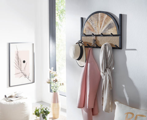 Rootz Rattan Wardrobe - Design Hall Wardrobe with Metal Hook Rail - Wall-Mounted Wardrobe - Hallway Coat Rack -  Mango Solid Wood - 53x40x7.5 cm