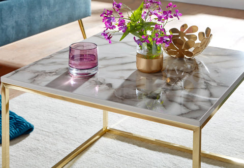 Rootz Coffee Table - Metal Frame Living Room Table - White Gold Marble Look - Square Sofa Side Table - 60x60x45 cm
