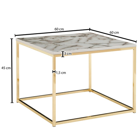 Rootz Coffee Table - Metal Frame Living Room Table - White Gold Marble Look - Square Sofa Side Table - 60x60x45 cm