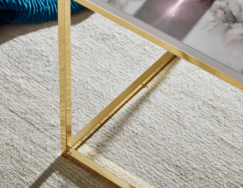 Rootz Coffee Table - Metal Frame Living Room Table - White Gold Marble Look - Square Sofa Side Table - 60x60x45 cm