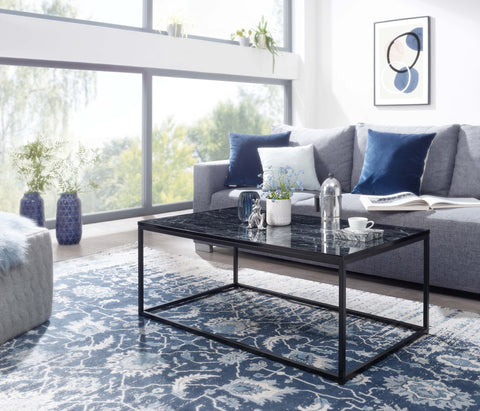 Rootz Coffee Table - Metal Frame Living Room Table - Black Marble Look - Square Sofa Side Table - 100x60x40 cm