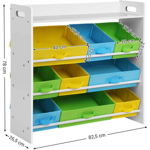Rootz´s Toy organizer with 9 removable bins made of non-woven fabric - Storage space - Bookshelf - Storage cabinet - Toy organizer - Toy cabinet - Wooden frame - MDF - White