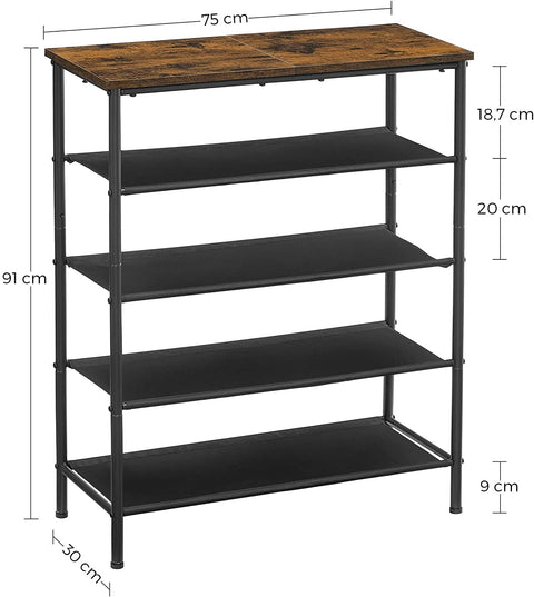 Rootz Shoe Rack - Shoe Stand - Shoe Shelf - with 4 Shelves - Standing - Industrial - Brown and Black - 75 x 30 x 91 cm