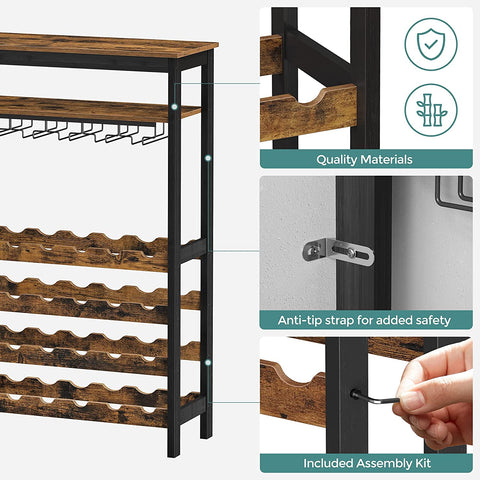 Rootz Wine Rack with Glass Holders - Wine Holder - Bottle Rack - Standing - Industrial - Brown and Black - 66 x 30 x 100 cm