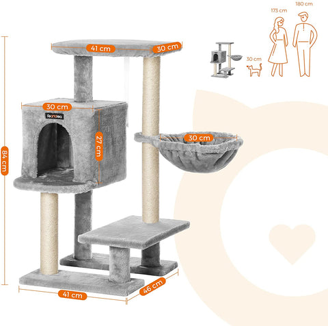 Rootz Scratching Post for Cats - Cat Scratching Post - with Cuddly Cave - Gray - 46 x 41 x 84 cm
