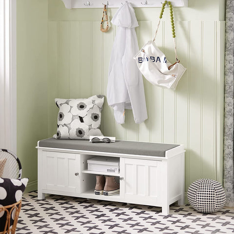 Rootz Shoe Storage Bench with 2 Doors & Removable Seat Cushion - Shoe Cabinet - White