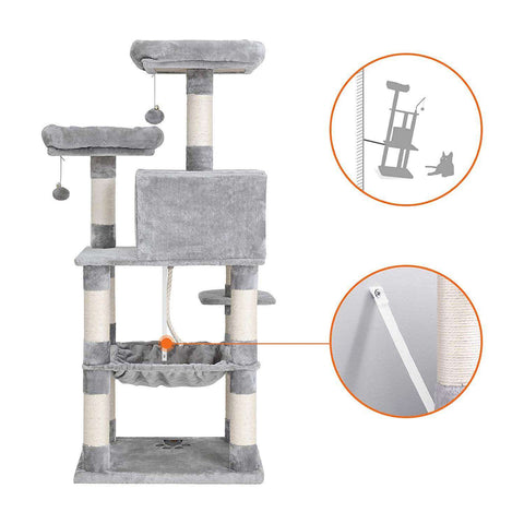Rootz Cat Tree - Scratching Post - Climbing Tree for Cats - Cat Tower with Cave - Light Gray - 55 x 45 x 143 cm